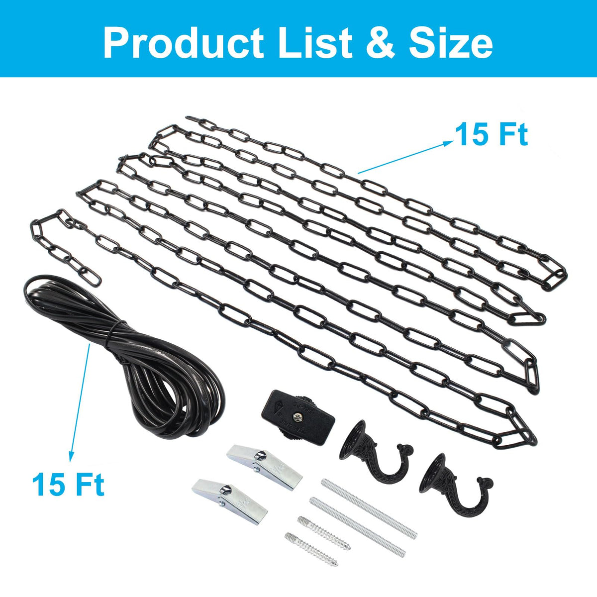 LinkMejor Swag Lichtsatz 15 Ft Kette 15 Ft Kabel mit Schalterhaken Schwarz