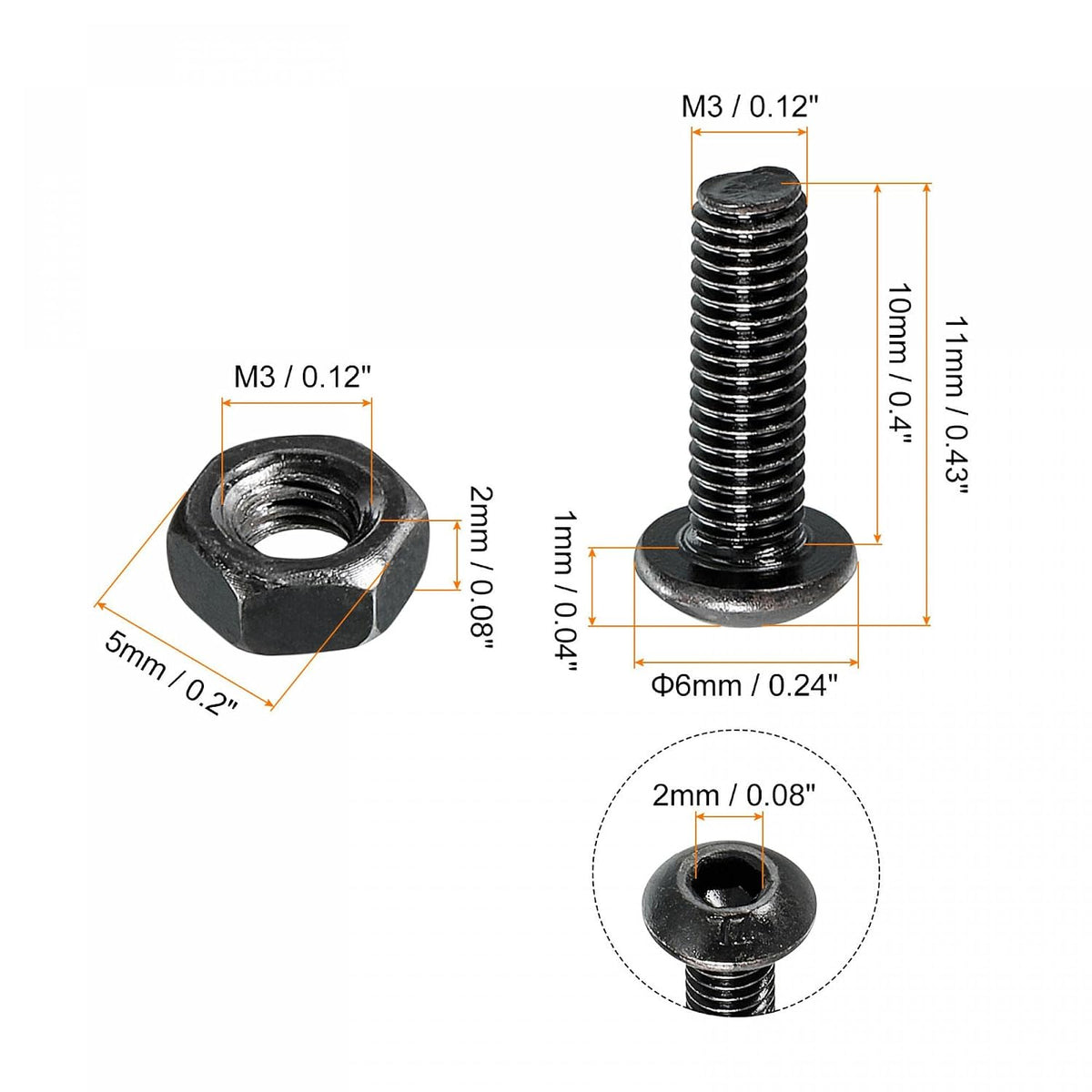 M3x10mm 六角型ソケットボタンヘッドネジボルトナットセット、合計200個
