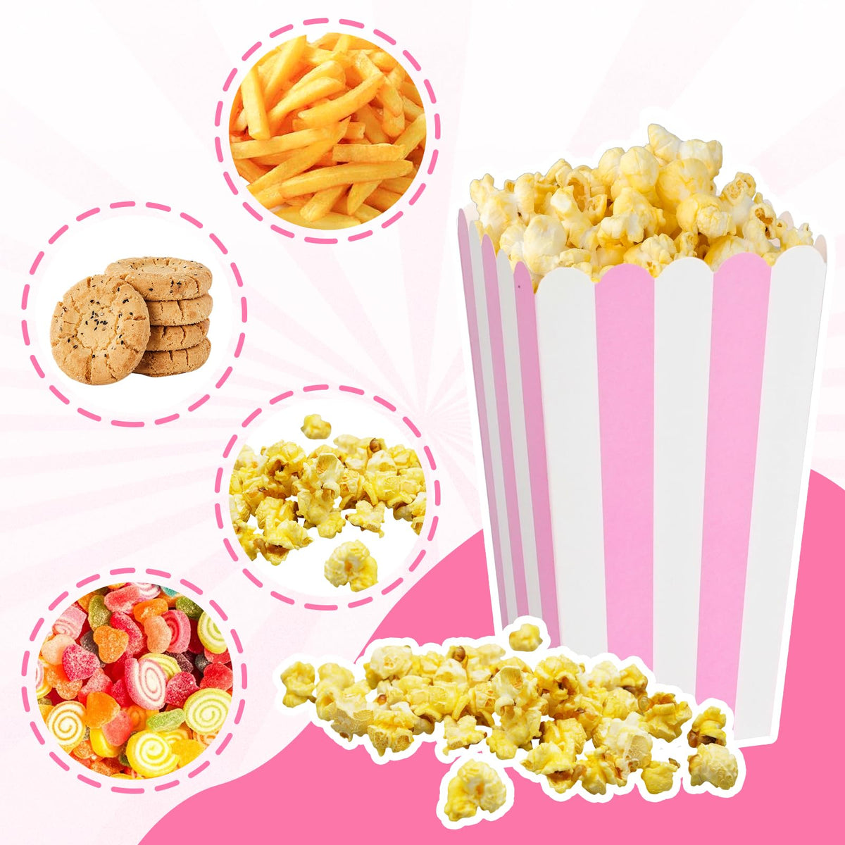 24 Pcs Papperspopkorgar, Rosa och Vit Sträck, Mini Storlek