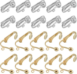 Clip-on Earring Converter, 20Pcs - Copper Plating Clip-on Earring Findings, Earring Clips for Non-Pierced Ears with Easy Open Loop (Gold & White)