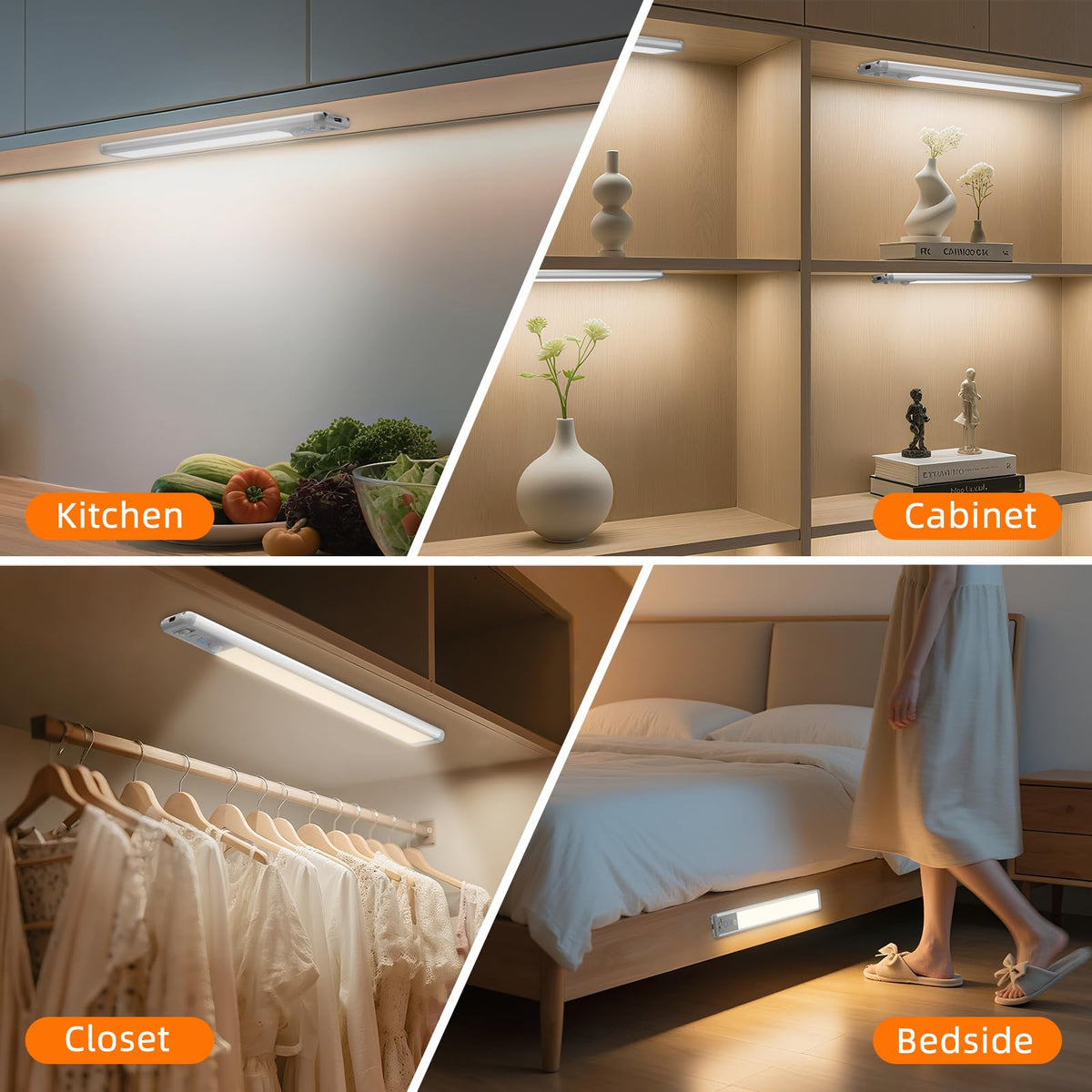 Penerangan Kabinet Bawah Kabel Nirkabel, 10 inci Detektor Gerakan Lepas Kabel Dalam Ruangan, 3Pack