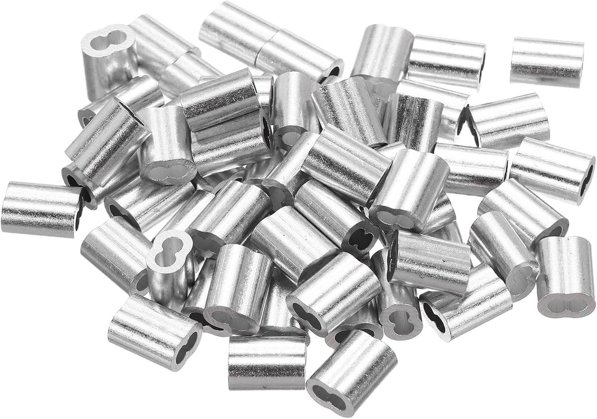 1/8"(2.5mm) Aluminum Crimping Loop Sleeve, Double Hole Cable Ferrule for Wire Rope, Silver 60Pcs