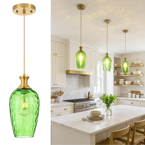 LinkMejor Green Glass Pendant Lights Kitchen Island, Gold Hanging Lighting