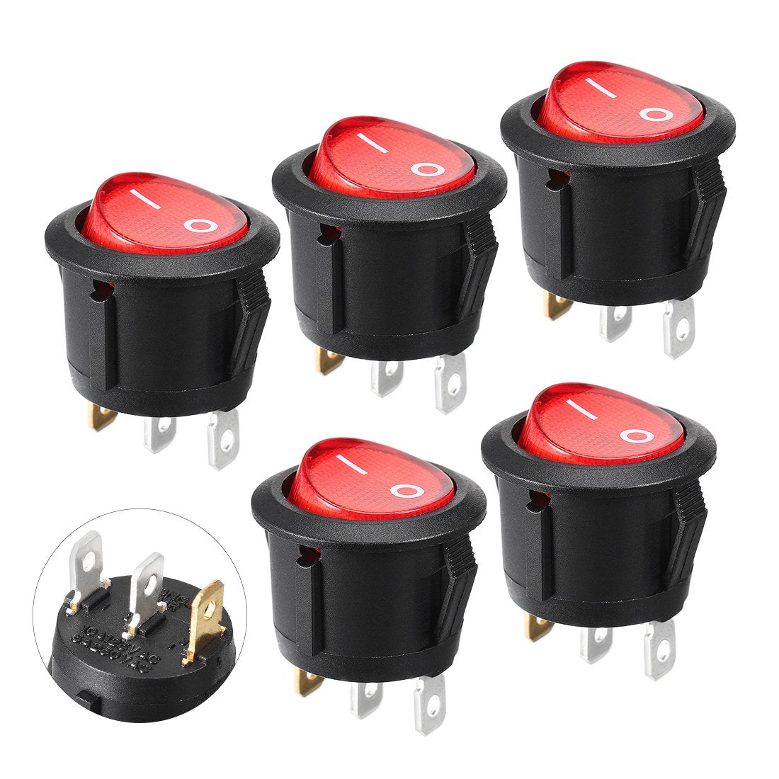 5PCS Round Red Lamp 3 Pins SPST Rocker Switch AC 250V/6A 125V/10A ed