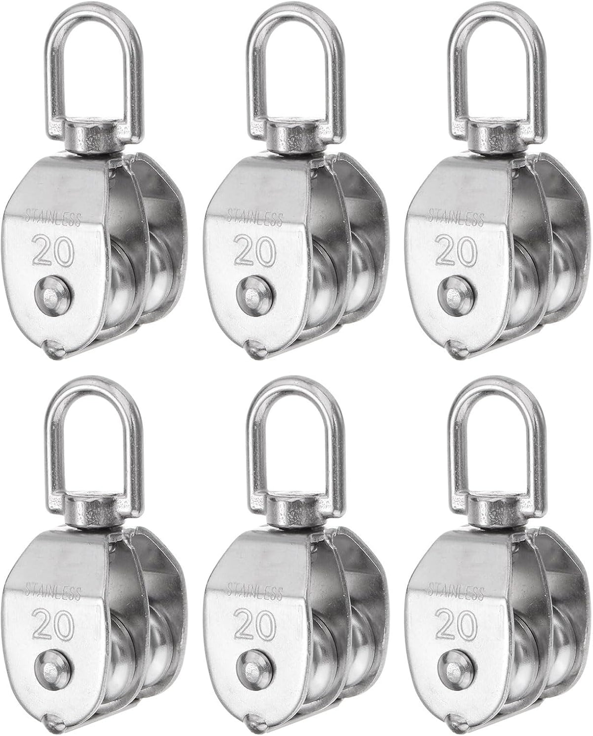 6pcs M20 Double Pulley Block, Stainless Steel Swivel Rigging Lifting Wheel Fixed Pulley, Crane Hanging Wire Towing Wheel, Rope Cable Pulley Roller