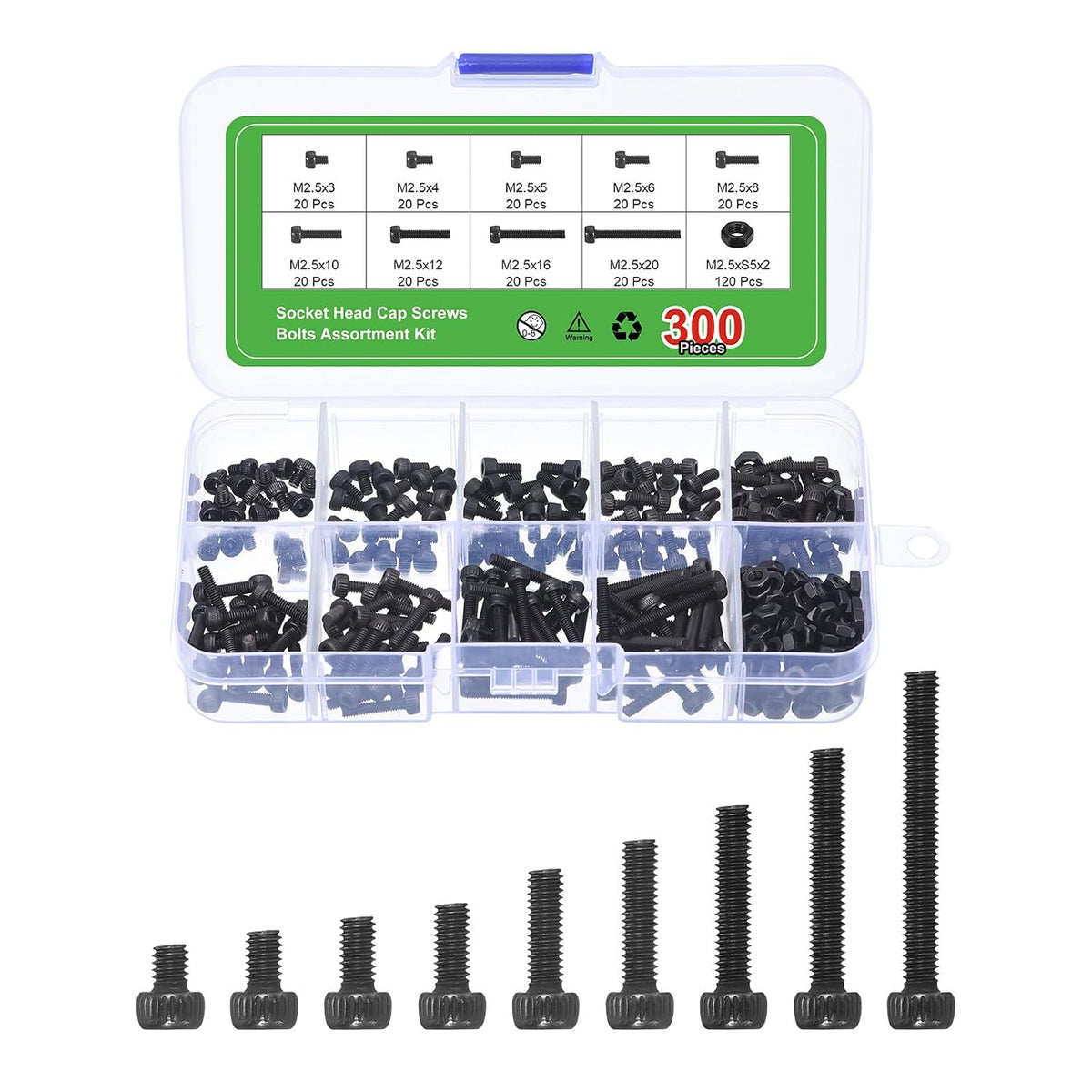 Hex Socket Bolt Kits (M2.5), Grade 12.9 Carbon Steel Hex Socket Drive Screws, Black