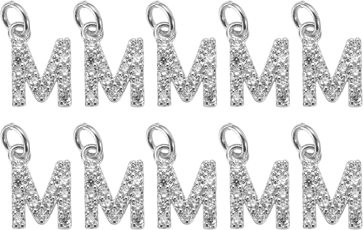 LinkMejor Rhinestone Letter Charm, 10pcs Crystal Zirconia Copper Alphabet m Pendants Slider Letter Charm for Wristbands Bracelets Necklace Jewelry Earring DIY Craft, Silver