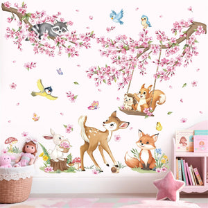 LinkMejor Animaux Forestiers Rose Fleurier Chêne Murale Stickers