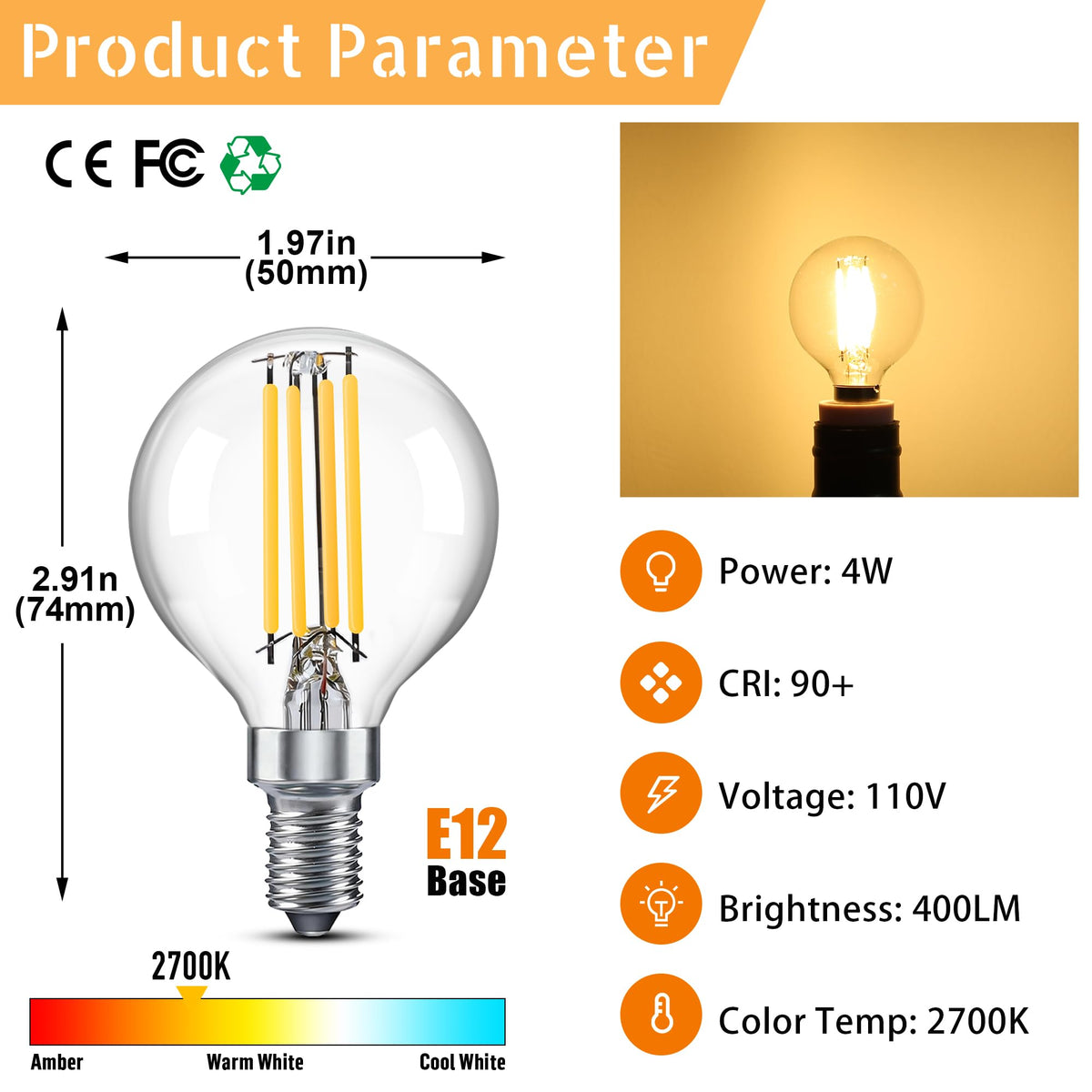 Dimmable Kugel G16.5 E12 LED-valo 40W, Tyyppi G -valo 4W, 2700K 400LM