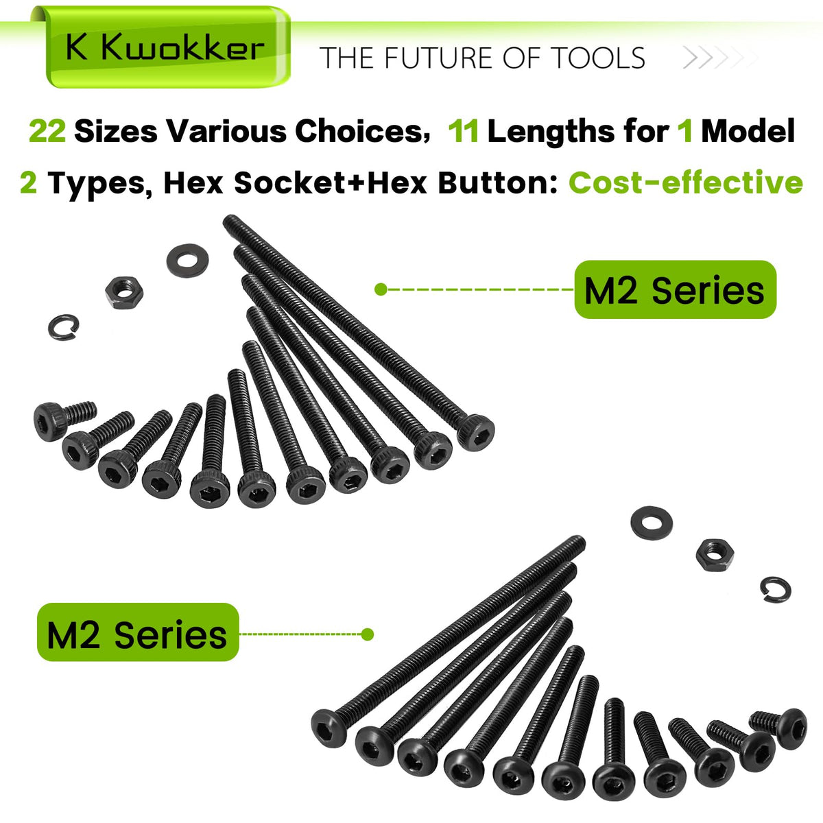LinkMejor 2060Pcs M2 Screw Kit Hex Socket & Button Head Bolts and Nuts Set