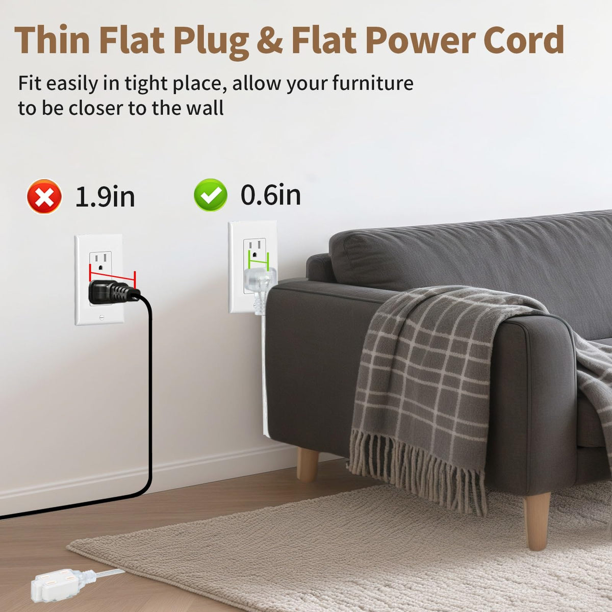 LinkMejor 2 Pack 9FT 3 Outlet Flat Clear Extension Cord Indoor Thin, 2 Prong
