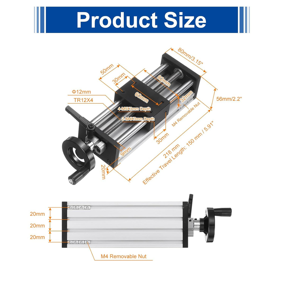 150mm Effective Stroke Length Manual Sliding Table, Double Optical Axis Slide Rail, Acme Thread TR12X6, 12mm Diameter 4mm Pitch, 1 Start, Moved 4mm/Cycle, for CNC Machine