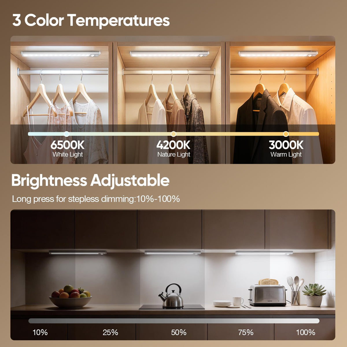 10.5 pollici Illuminazione wireless sotto il mobile, lampada con sensore di movimento per interni, 3 pezzi