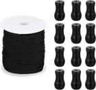 LinkMejor Braided Lift Shade Cord, 1.8 mm 110 Yards/Roll Nylon Cord String with 12Pcs Wood Blind Pull Cord Knobs for Roman Blind Shade Rollers Repair Curtain Craft DIY (Black)