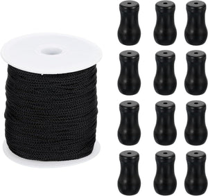 Braided Lift Shade Cord, 1.8 mm 110 Yards/Roll Nylon Cord String with 12Pcs Wood Blind Pull Cord Knobs for Roman Blind Shade Rollers Repair Curtain Craft DIY (Black)