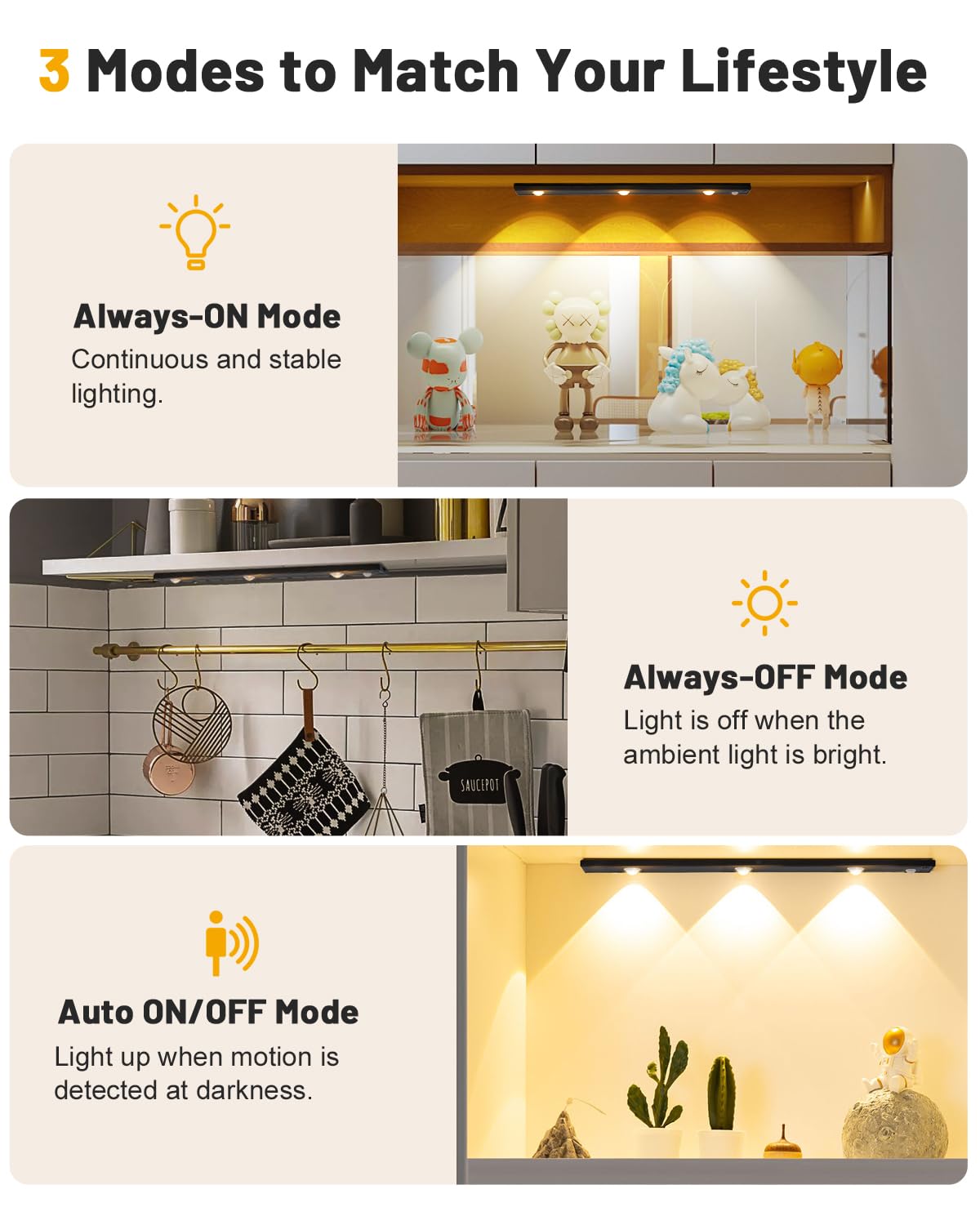 LinkMejor Under Cabinet Light Rechargeable Motion Sensor Dimmable 2 Pack, Nero