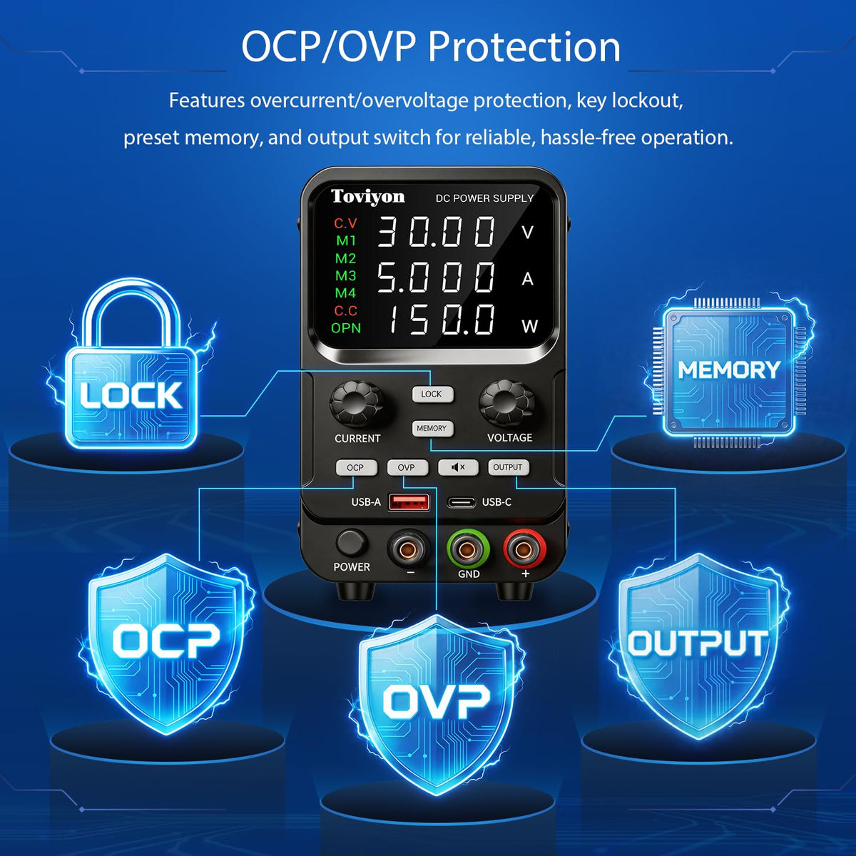Alimentation électrique DC variable, 0-30V 0-5A Alimentation de table réglable avec ajustement par encodeur, bouton d'activation de la sortie, affichage à LED à 4 chiffres, 4 groupes de stockage de mémoire, protection contre les courts-circuits 