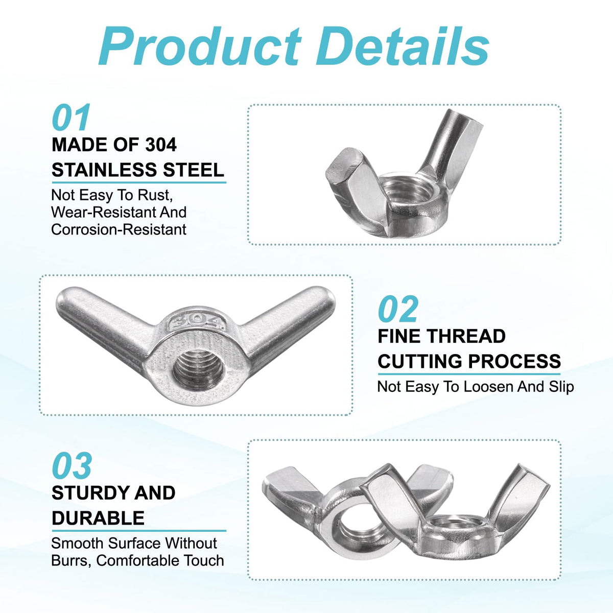 LinkMejor Wing Nuts, 4 Pcs M10 x 1.5 304 Stainless Steel Wing Nuts Fasteners Parts Metric Thread for Repair Install House Furniture Boat, Silver