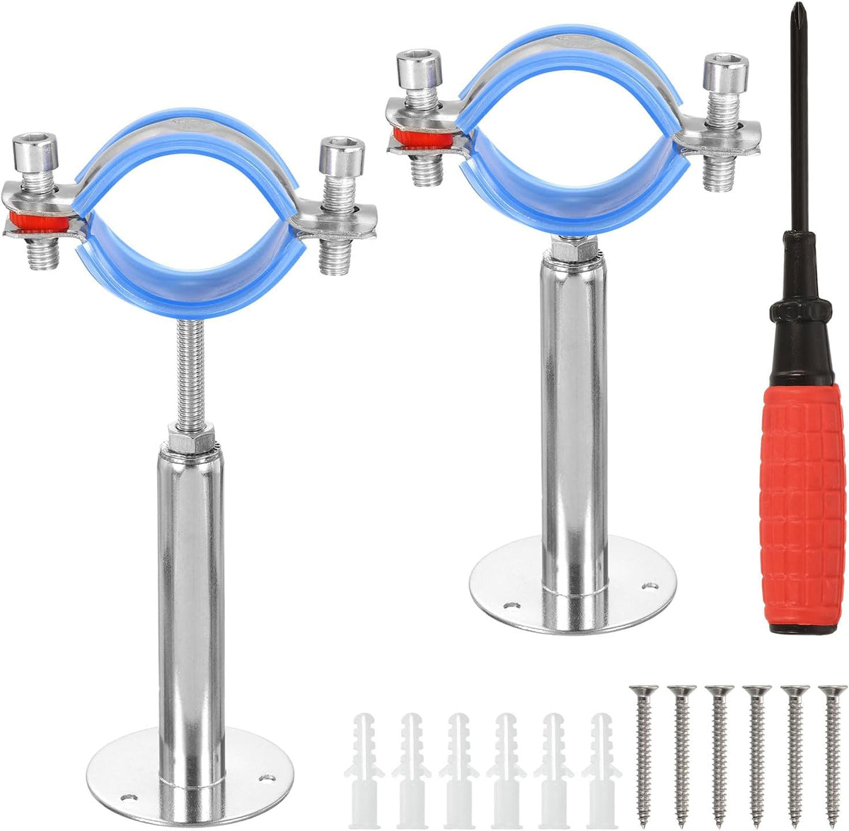 Soporte para tubos, fabricado en acero inoxidable. Soporte para tubos que se instala en el techo o en la pared. Altura ajustable de 100-150 mm. Apropiado para tubos con diámetro de 38-40 mm.