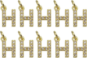 Rhinestone Letter Charm, 10pcs Crystal Zirconia Copper Alphabet H Pendants Slider Letter Charm for Wristbands Bracelets Necklace Jewelry Earring DIY Craft, Gold