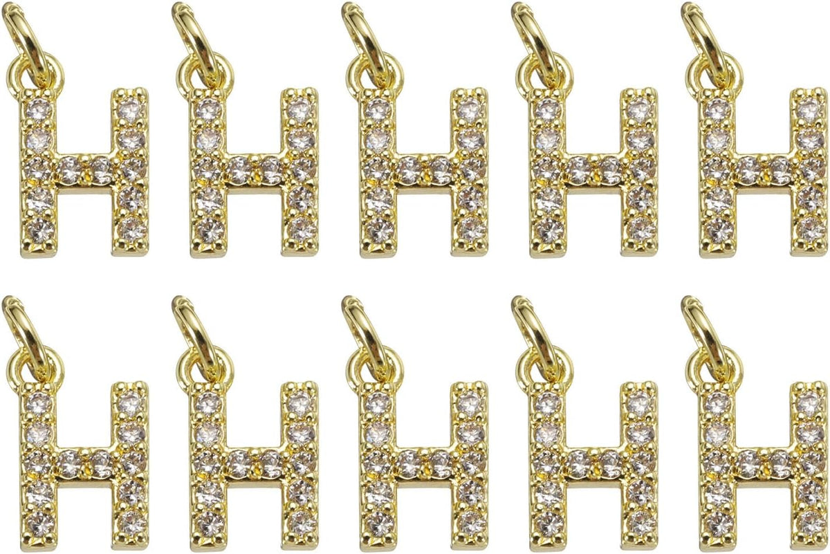 LinkMejor Rhinestone Letter Charm, 10pcs Crystal Zirconia Copper Alphabet H Pendants Slider Letter Charm for Wristbands Bracelets Necklace Jewelry Earring DIY Craft, Gold