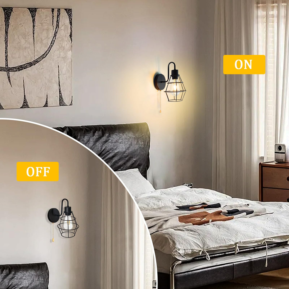 LinkMejor Sconce cu Tragere de Cablu Pătrat Negru, Lămpărie cu Grilaj de Fier