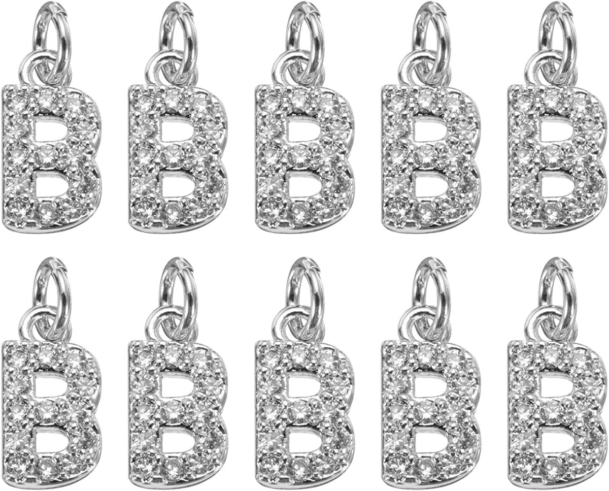 LinkMejor Rhinestone Letter Charm, 10pcs Crystal Zirconia Copper Alphabet B Pendants Slider Letter Charm for Wristbands Bracelets Necklace Jewelry Earring DIY Craft, Silver