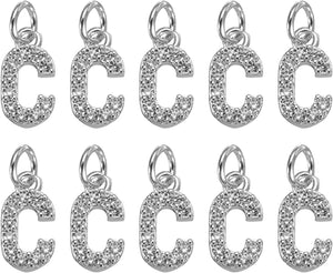 Rhinestone Letter Charm, 10pcs Crystal Zirconia Copper Alphabet C Pendants Slider Letter Charm for Wristbands Bracelets Necklace Jewelry Earring DIY Craft, Silver