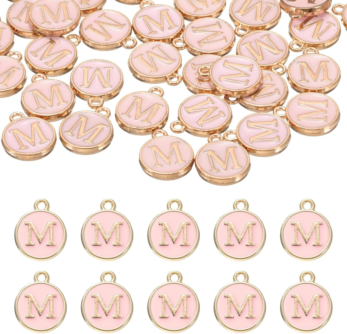 LinkMejor 52pcs Letter Charm, Enamel Letter Pendants, Alphabet m Pendants Double Sided Beads Charm for DIY Bracelet Necklace Pendants Earring Jewelry, Pink