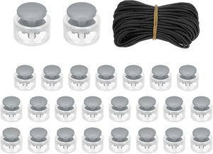 25 Pcs Double Hole Cord Locks with 32.8 ft Elastic Cord, 17mm Nylon Spring Toggle Stopper Clip for Backpack Shoelaces Drawstring Paracord Pants, Gray