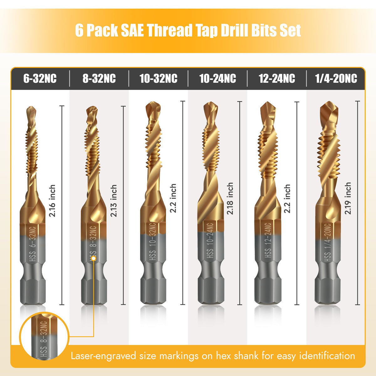 LinkMejor 6 Pack Kombinasi Drill dan Tap Set, 1/4” Hex Shank, HSS Titanium