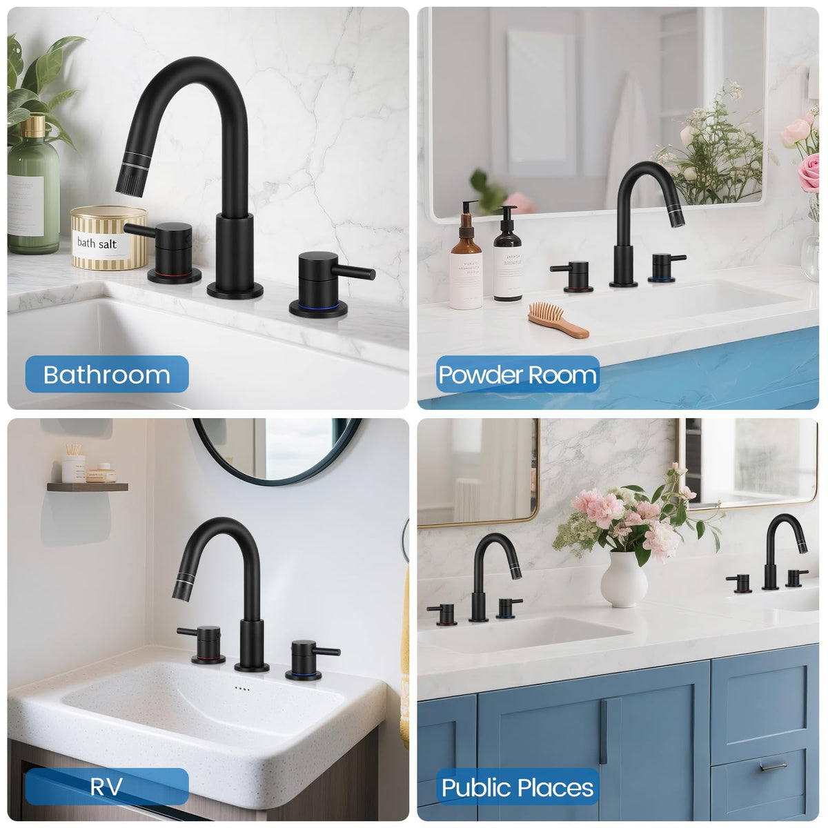 Bouchon de douche à tirette 3 trous 8 pouces avec drain relevable mat noir