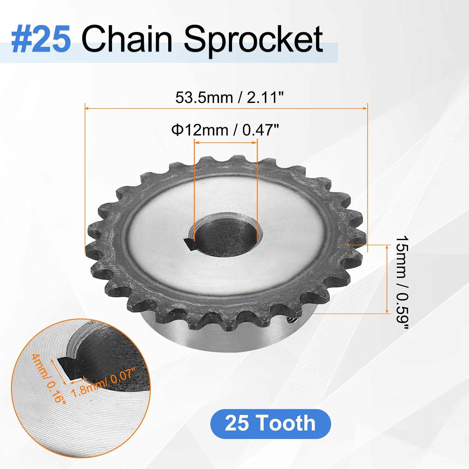 #25 Chain Roller Sprocket 12mm Bore 53.5mm OD, 25 Tooth C45 Carbon Steel ANSI #25 Roller Sprocket Round Hole Without Surface Finished with 4x1.8mm Keyway for ISO 04C Chain