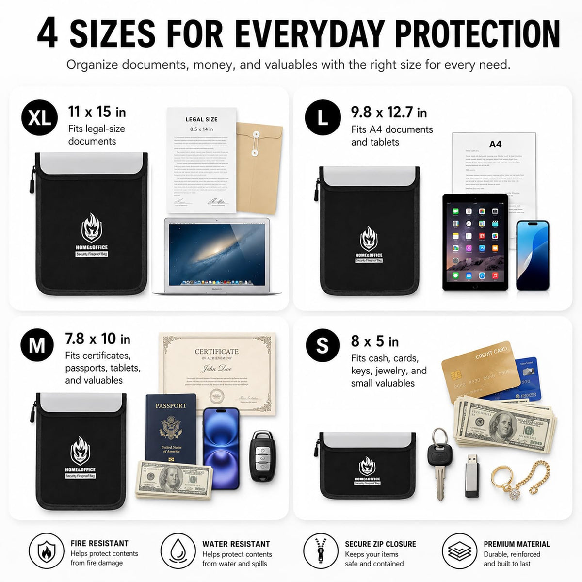 LinkMejor 4 Pack Bolsas de Documentos Ignifugas (5200℉), Soporte de Documentos A prueba de Agua