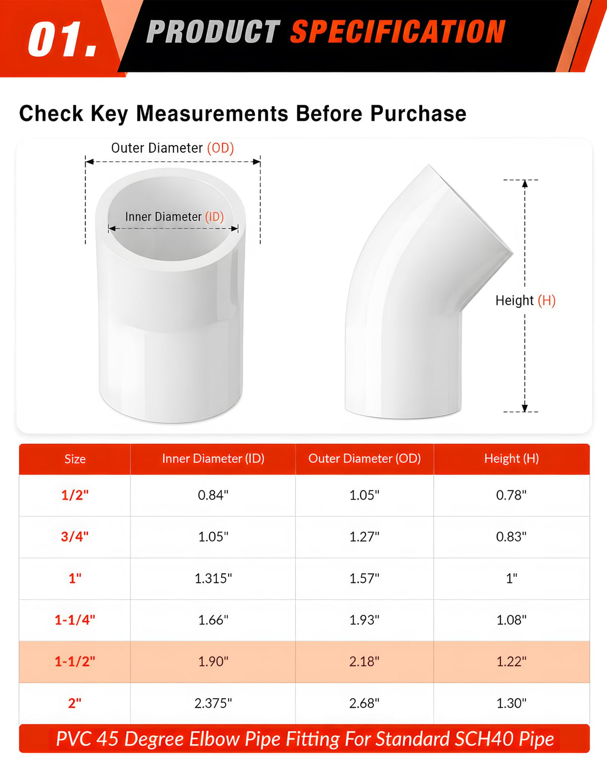 4 Pcs 2 Inch PVC 45 Degree Elbow Fittings, Socket x Socket