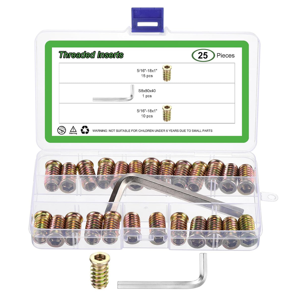25Pcs 5/16"-18x1 Threaded Inserts Nuts, Zinc Alloy Hex Socket Drive Screw-in Nut Threaded Inserts with 1Pcs Hex Wrench, Wood Inserts Bolt Assortment Kit for Wood Furniture