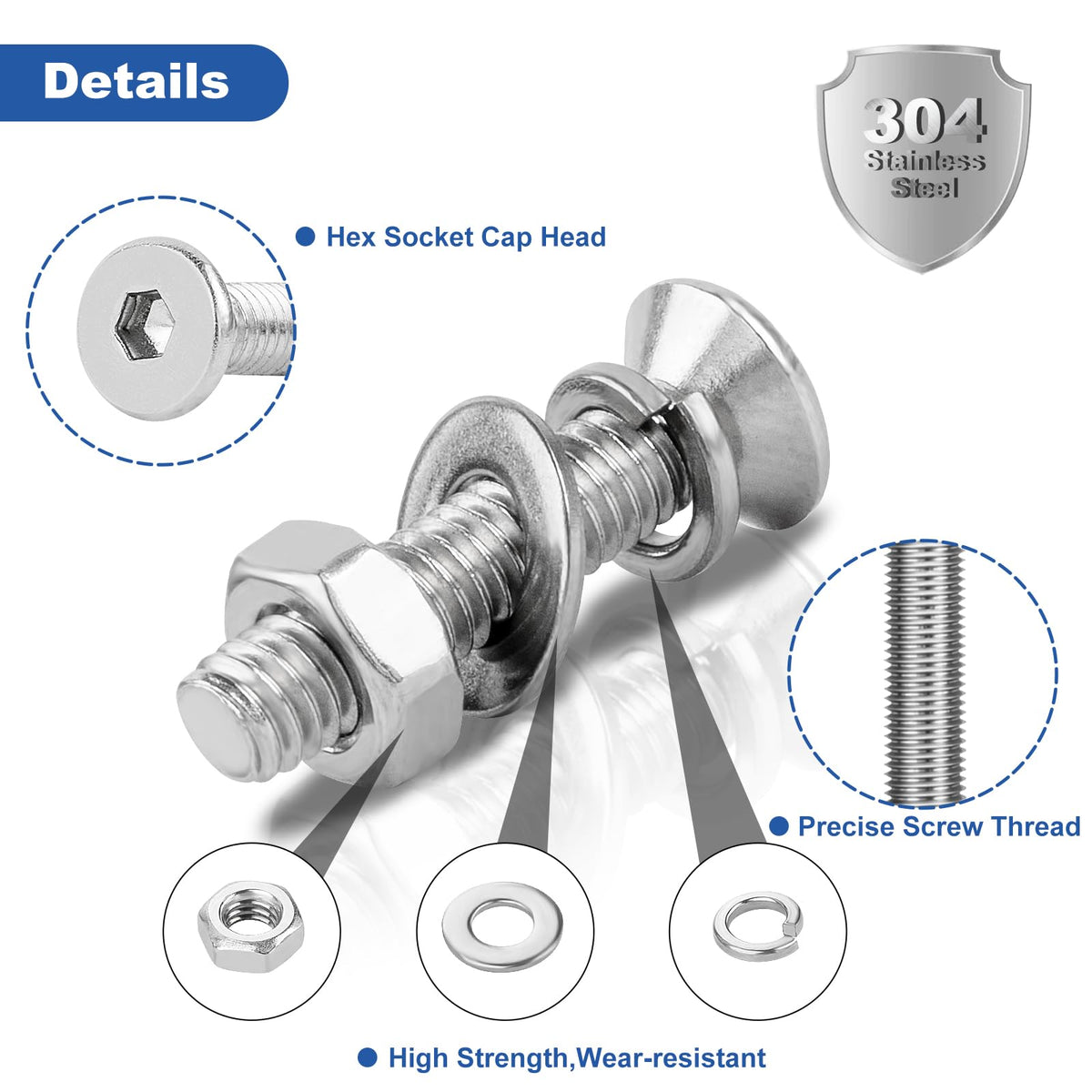 206 Pcs Metric M6 Flat Head Hex Socket Cap Screws Assortment Kit, M6x 10/12/16/20/25/30/40mm Internal Hex Drive Allen Bolts Nuts and Washers Set, 304 Stainless Steel, Fully Threaded, Pitch: 1.0mm