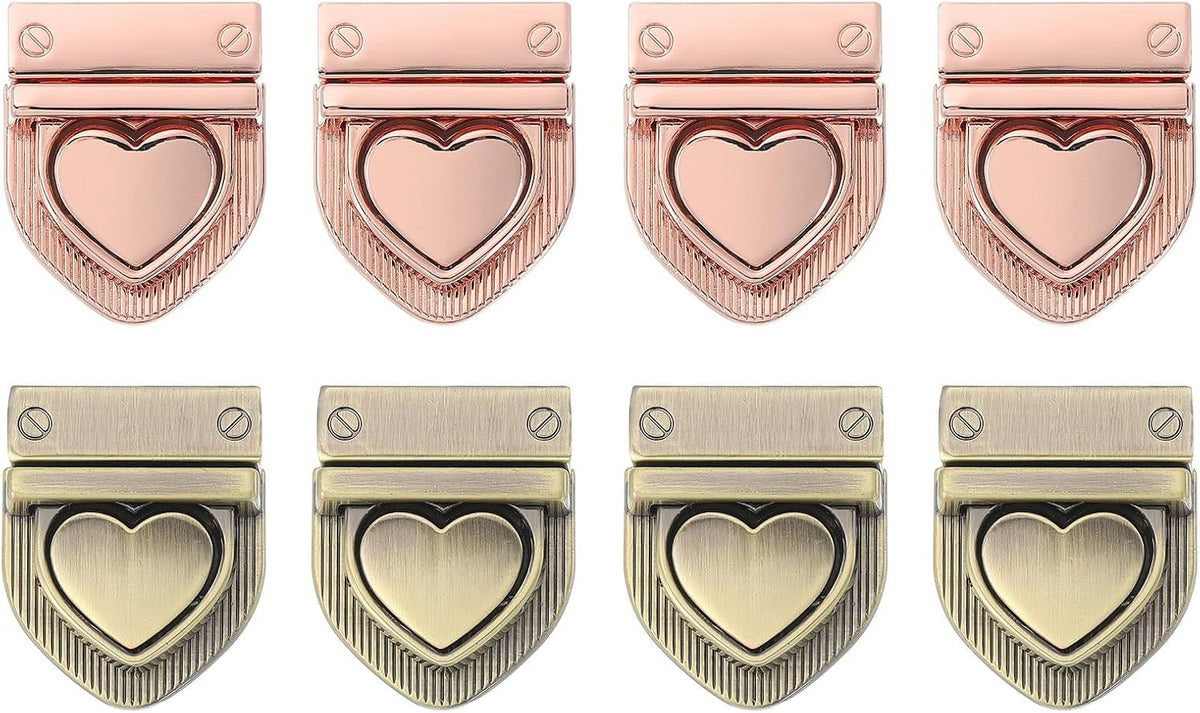 LinkMejor 8Set Turn Lock Clasp Kit, Heart Press Lock Clasp Closure Twist Turn Locks Hardware Buckle Fasteners for Purse Leather Making (28x32mm, Bronze, Rose Gold)
