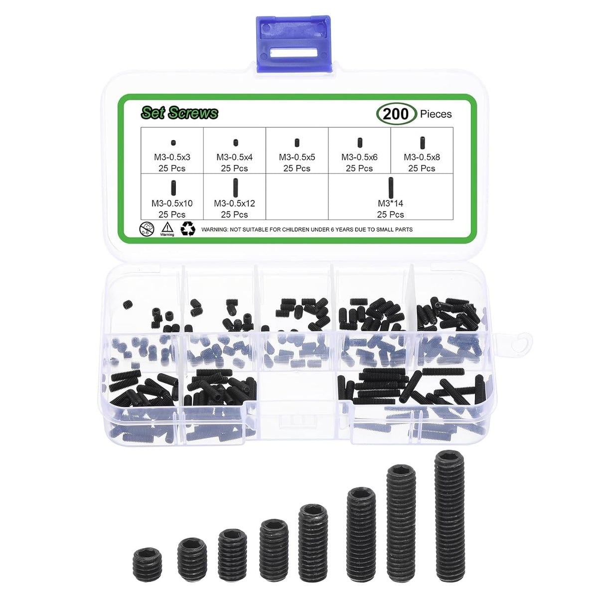 Allen Head Socket Hex Grub Screw Assortment Kit, 200PCS M3 Carbon Steel Internal Hex Drive Cup-Point Set Screws Assortment Kit for Door Handles, Faucet