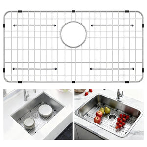 LinkMejor Sink Rack for Bottom of Sink (26 x 14 Inch), Rear Drain Sink Protectors for Kitchen Sink, 304 Stainless Steel Heavy Duty Metal Wire Grate for Single Bowl Farmhouse Sink Bottom,Soft Rubber