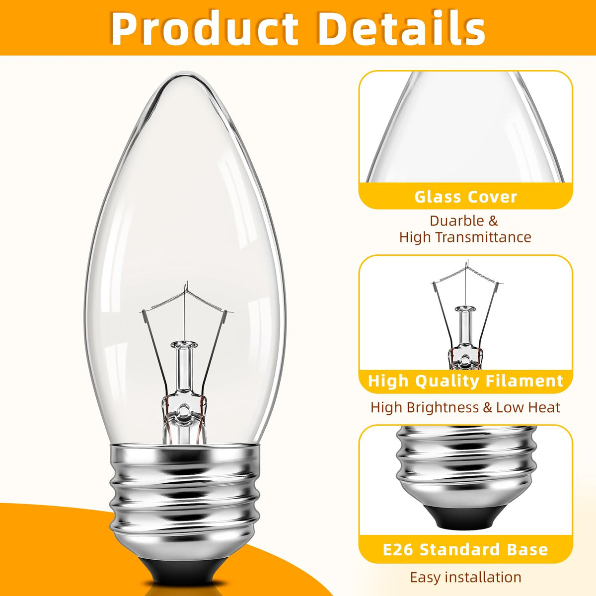 40 Watt Glødelamper C35, Dimmbar, Warmskinnet Hvid 2700K, 6 stk