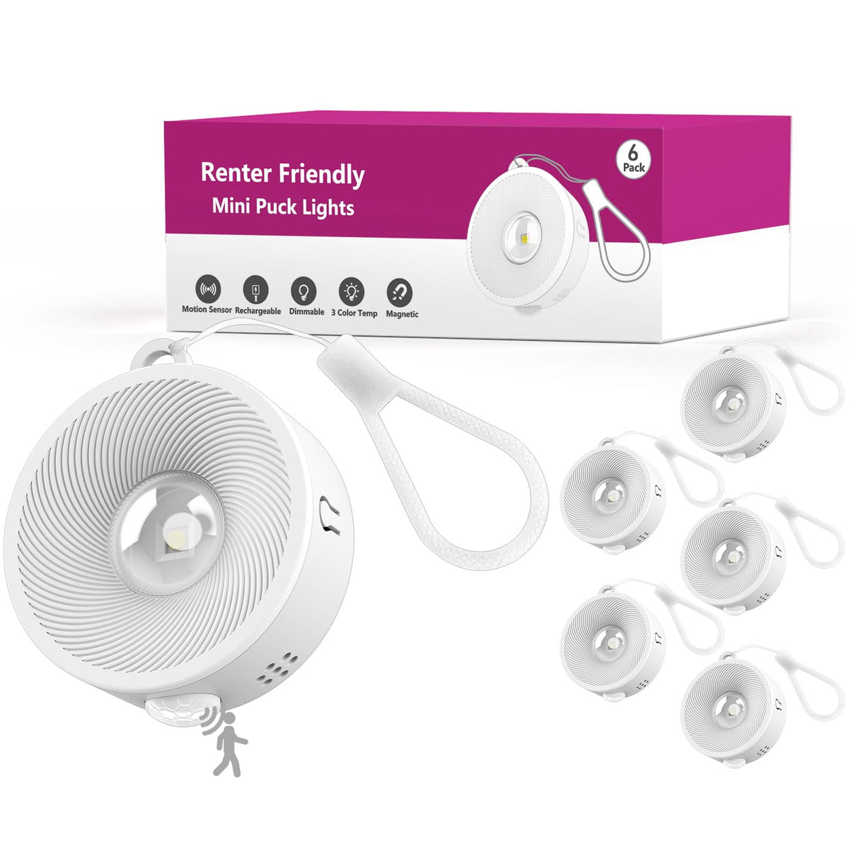 2" Lumières Puck Réchargeables Mini, Capteur de Mouvement Magnétique, 3Pack Blanc