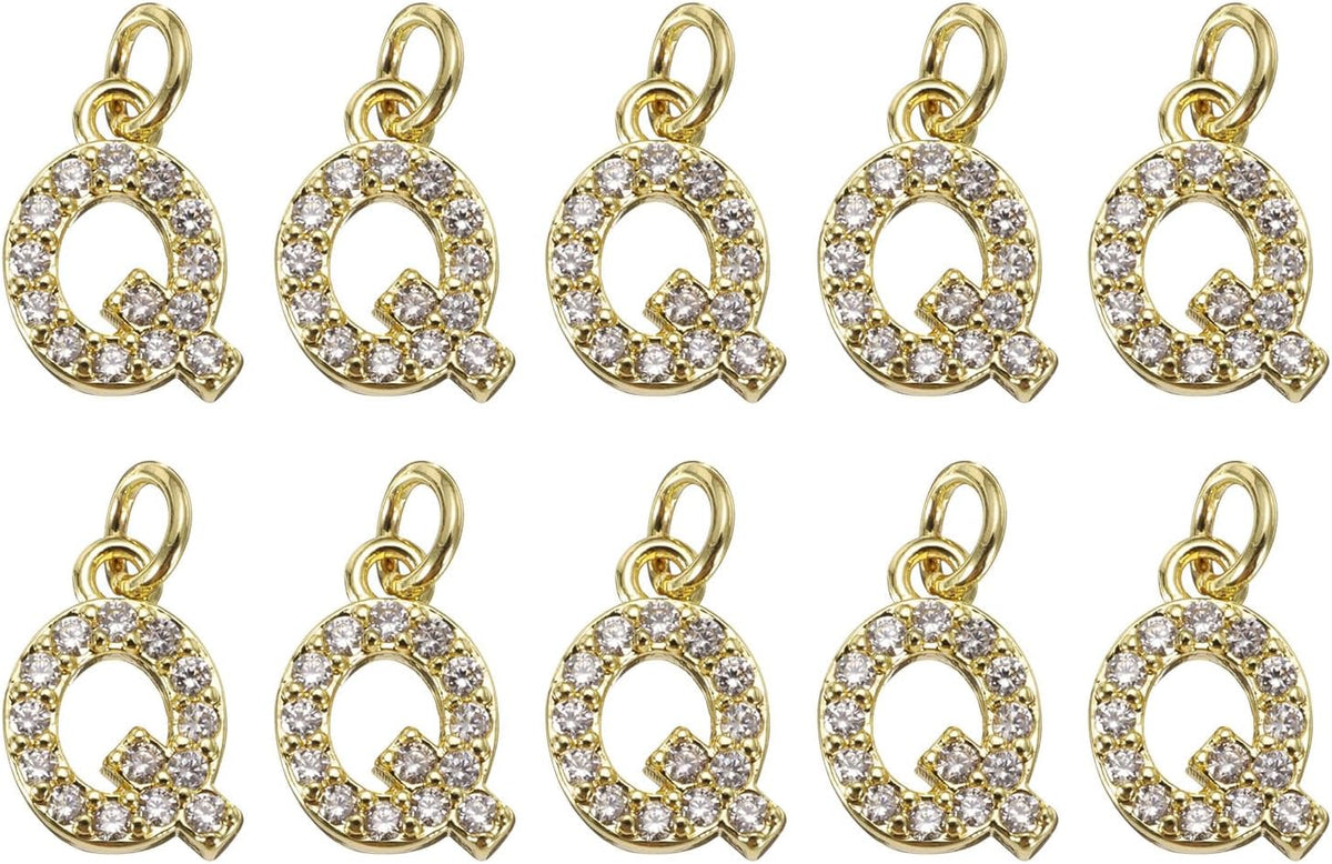 LinkMejor Rhinestone Letter Charm, 10pcs Crystal Zirconia Copper Alphabet Q Pendants Slider Letter Charm for Wristbands Bracelets Necklace Jewelry Earring DIY Craft, Gold