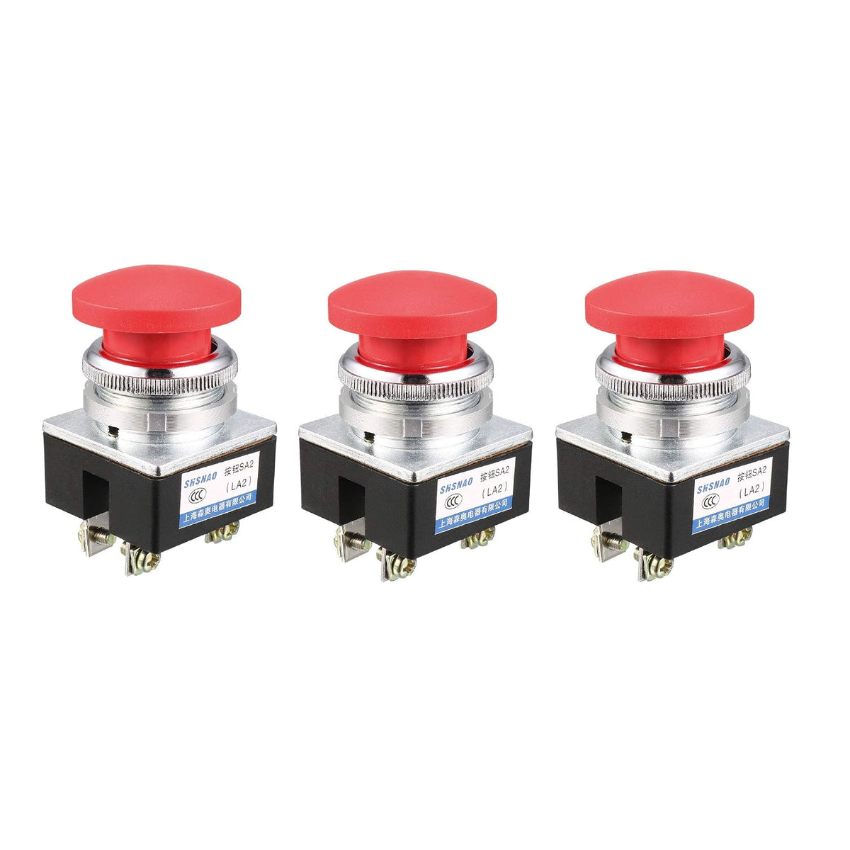 Push Button Switch Red Momentary AC 380V 5A Mushroom Head Pushbutton Switches 30mm Panel Mount Pack of 3