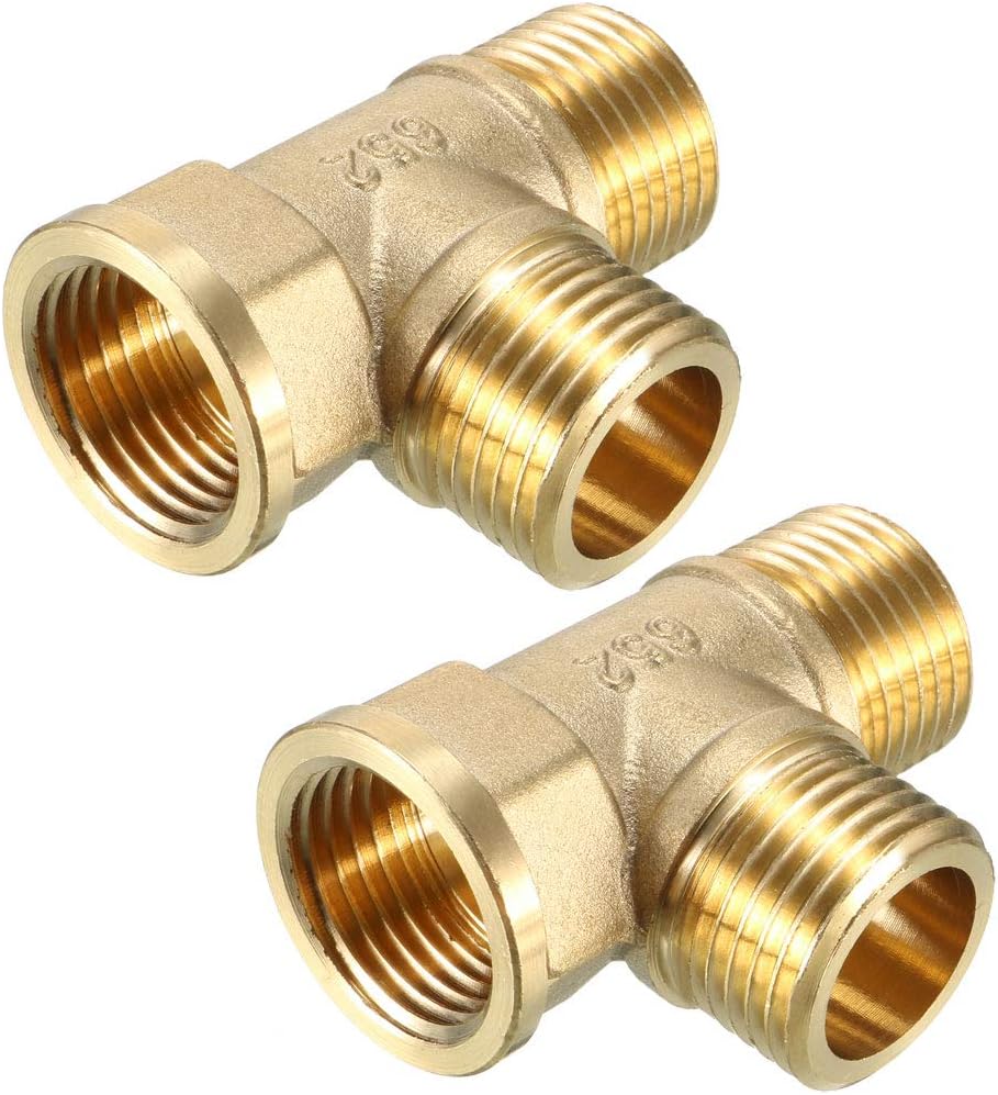 Brass Tee Pipe Fitting 1/2BSP Male X 1/2PT Female X 1/2BSP Male T-Shaped Connectors 2pcs