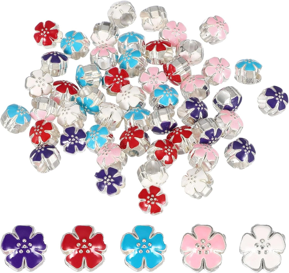 50Pcs Flower Enamel Beads, Large Hole Flower Beads Metal Loose Spacer Charm for Keychain Necklaces Earrings Jewelry Making Crafts, Red/Purple/Pink/White/Blue