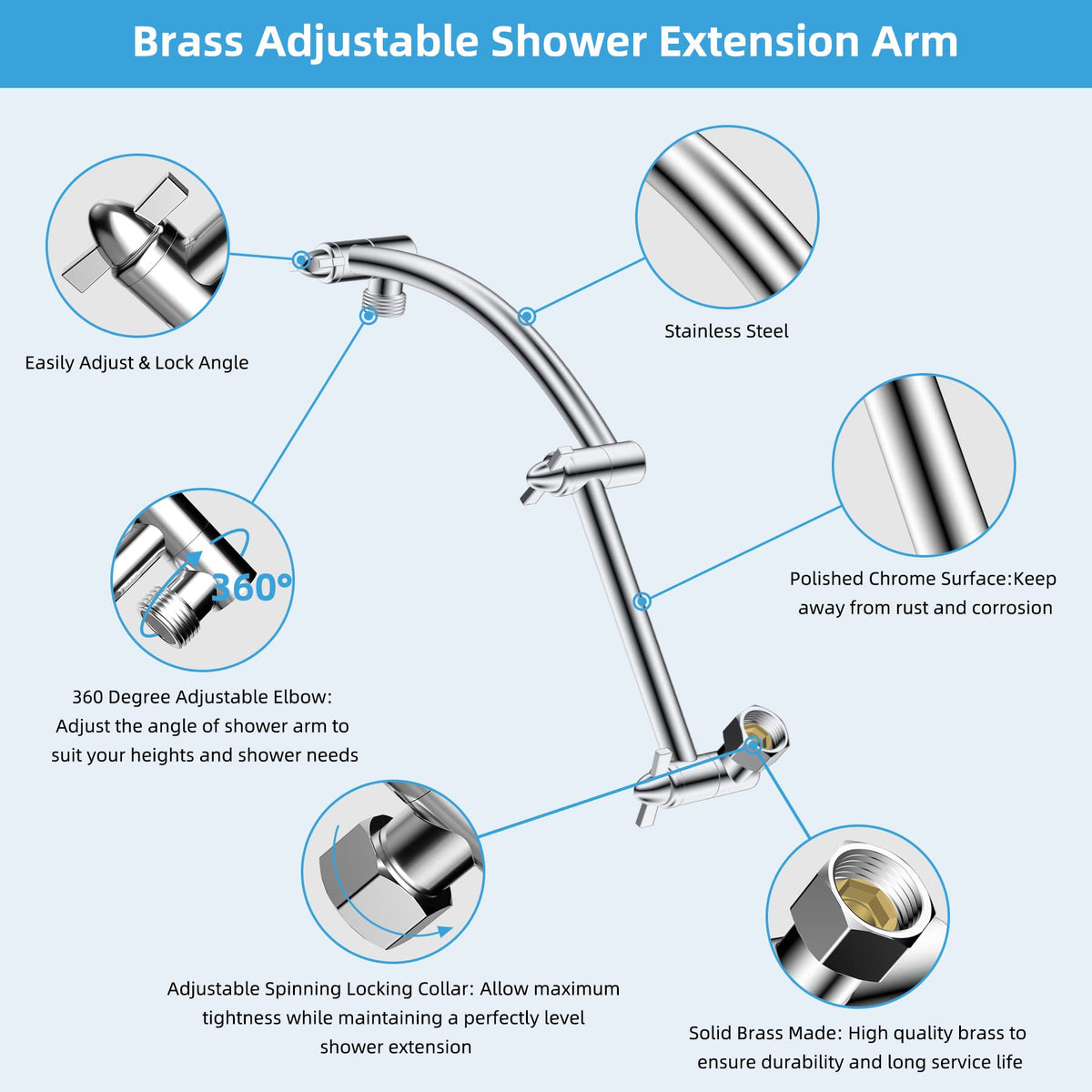 LinkMejor bras d'extension de tête de douche en métal 16'', chromé
