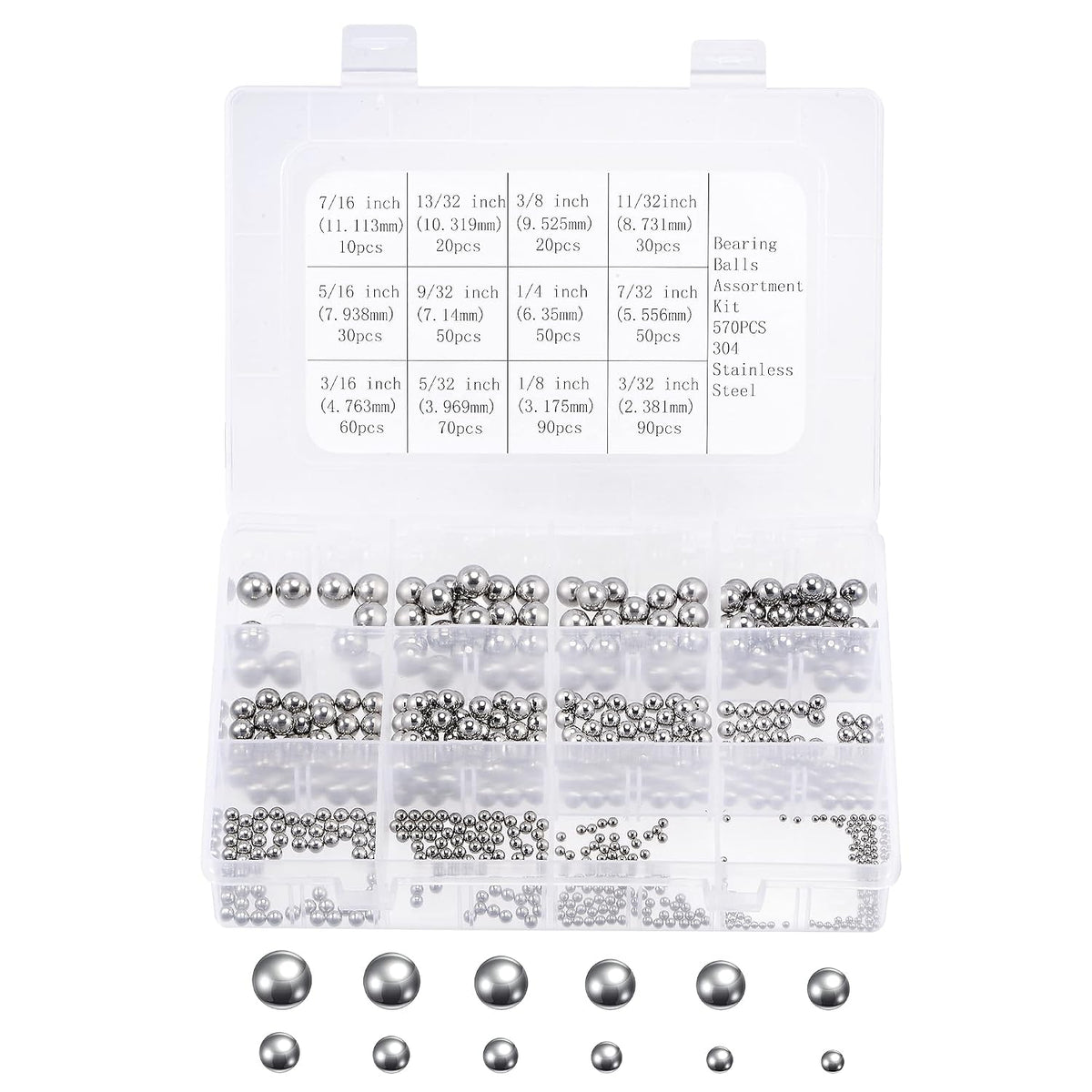 570pcs 12 Size Bearing Balls Assortment 304 Stainless Steel 7/16" 13/32" 3/8" 11/32" 5/16" 9/32" 1/4" 7/32" 3/16" 5/32" 1/8" 3/32" with Storage Box