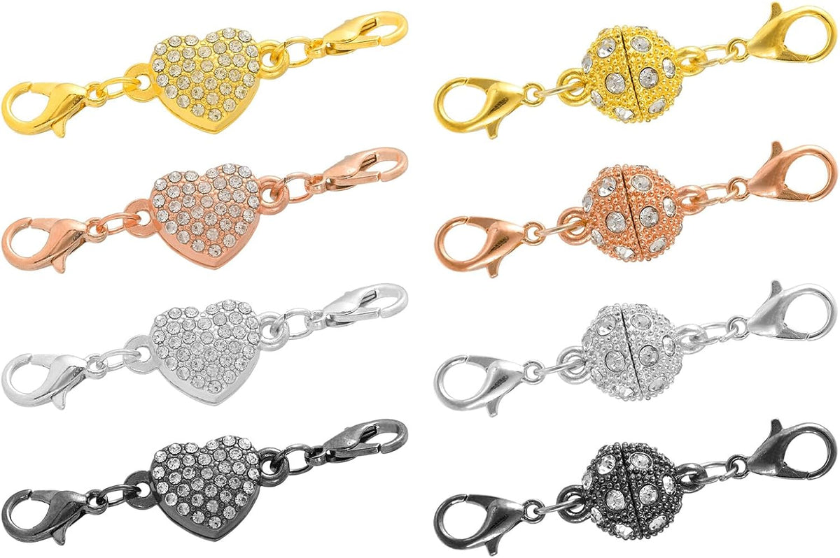 8Pcs Jewelry Clasps, Rhinestone Clasps Locking Closures with Lobster Clasps for Bracelet Necklace (4 Colors, Ball/Heart)