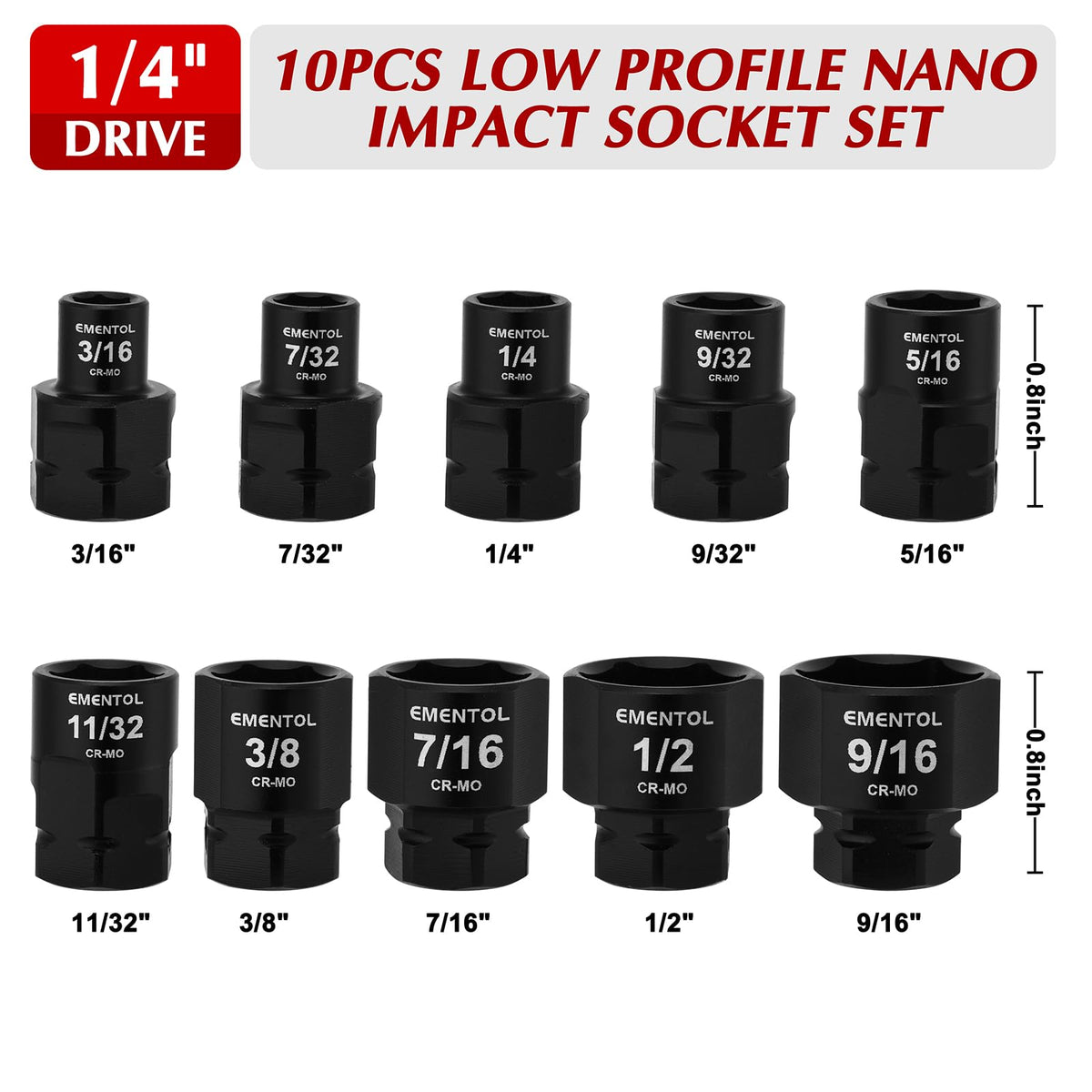 LinkMejor 10-teiliges 1/4" Drive Stubby Impact Socket-Set, SAE
